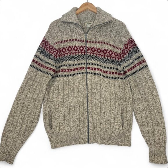 VNTG LL Bean Fair Isle Wool Zip Cardigan Sz L Made in USA Winter Outdoors Camp - Picture 1 of 12
